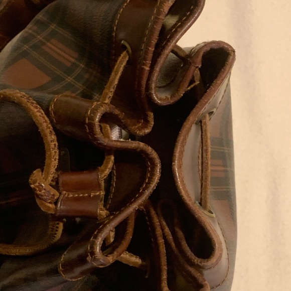 RALPH LAUREN Tartan Plaid Large Leather Drawstring Bucket Shoulder Bag VINTAGE - Picture 3 of 16